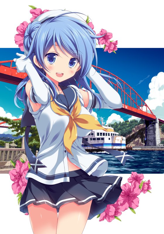 1girl armpits arms_up blue_eyes blue_hair blue_sky boat bridge clouds commentary_request cowboy_shot double_bun elbow_gloves flower gloves hat kantai_collection neckerchief odawara_hakone pink_flower pleated_skirt river sailor_hat school_uniform serafuku skirt sky sleeves_rolled_up solo thigh_gap urakaze_(kantai_collection) water watercraft white_gloves white_hat yellow_neckwear