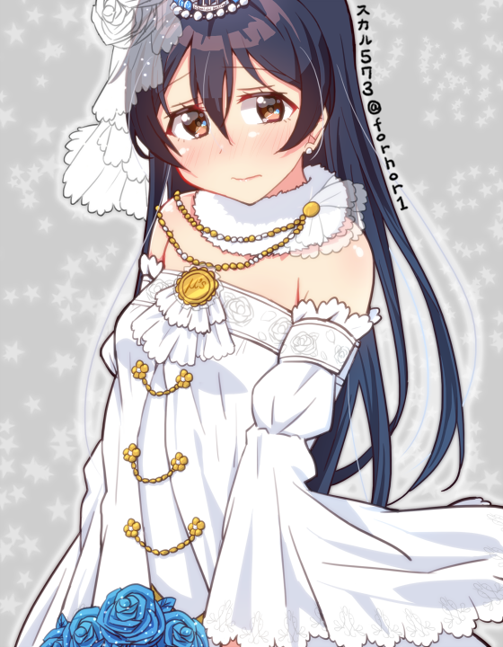 1girl bangs blue_hair blush bouquet bridal_veil commentary_request detached_sleeves dress earrings flower hair_between_eyes jewelry long_hair looking_at_viewer love_live! love_live!_school_idol_festival love_live!_school_idol_project simple_background skull573 solo sonoda_umi strapless strapless_dress tiara veil wedding_dress white_dress yellow_eyes