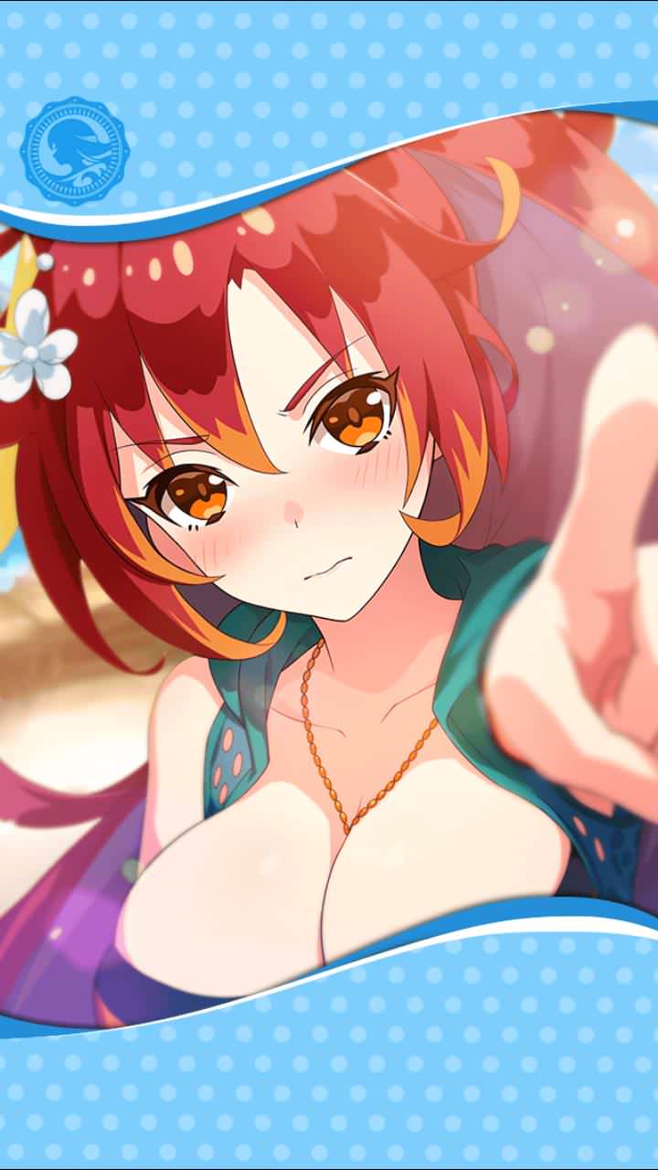 1girl artist_request blush breasts colored_tips flower framed_image hair_between_eyes hair_flower hair_ornament highres jewelry large_breasts littu_(phantom_of_the_kill) long_hair necklace official_art orange_eyes phantom_of_the_kill pointing pointing_at_viewer ponytail redhead swimsuit