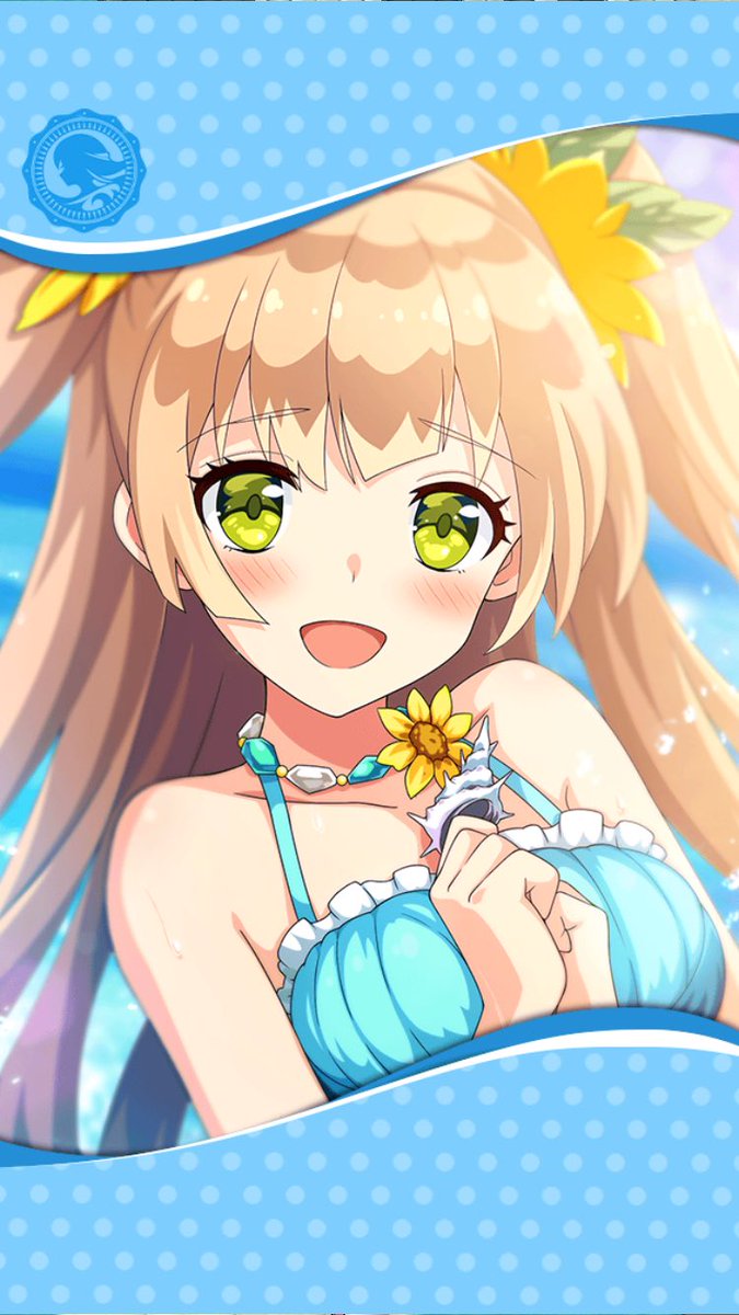 1girl aqua_swimsuit artist_request blonde_hair blush eyebrows_visible_through_hair flower framed_image green_eyes hair_ornament hands_clasped highres ithuriel jewelry long_hair looking_at_viewer necklace official_art open_mouth own_hands_together phantom_of_the_kill seashell shell swimsuit twintails