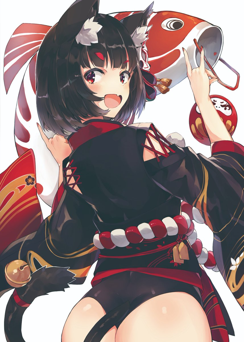 1girl alternate_costume animal_ears ass azur_lane bangs bell black_hair black_kimono black_swimsuit blush breasts cat_ears cat_tail eyebrows_visible_through_hair fang from_behind highres japanese_clothes kimono koinobori large_breasts looking_at_viewer looking_back mask mask_on_head one-piece_swimsuit open_mouth red_eyes short_hair sidelocks simple_background smile solo swimsuit tail tail_bell tuxedo_de_cat white_background yamashiro_(azur_lane)