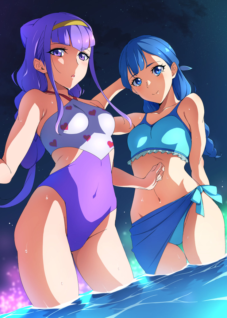 2girls :o arm_behind_head bangs bare_shoulders bikini blue_bikini blue_eyes blue_hair blunt_bangs blush braid breasts clouds collarbone covered_navel cowboy_shot double_bun eyebrows_visible_through_hair frilled_bikini frills groin hairband heart heart_print highleg highleg_swimsuit hugtto!_precure long_hair looking_at_viewer multiple_girls navel night precure purple_hair purple_swimsuit ruru_amour sarong shiny shiny_hair sidelocks sky small_breasts smile star_(sky) starry_sky sugarbeat swimsuit violet_eyes wading water wet yakushiji_saaya