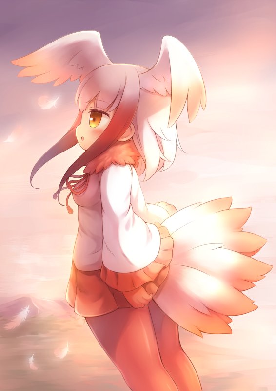 1girl blush eyebrows_visible_through_hair feathers from_side fur_collar gloves gradient_hair head_wings japanese_crested_ibis_(kemono_friends) kemono_friends long_hair long_sleeves looking_to_the_side matsuu_(akiomoi) miniskirt multicolored_hair outdoors pantyhose pleated_sleeves red_gloves red_legwear red_skirt redhead skirt sky solo tail_feathers white_hair wide_sleeves yellow_eyes