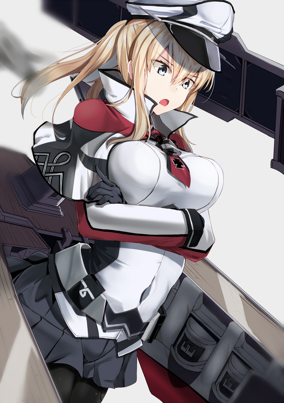 1girl bangs black_gloves black_legwear blonde_hair blue_eyes blush breasts capelet cross crossed_arms eyebrows_visible_through_hair gloves graf_zeppelin_(kantai_collection) hair_between_eyes hat highres impossible_clothes jacket kantai_collection large_breasts long_hair machinery military military_uniform miniskirt necktie ninoude_(ninoude44) open_mouth pantyhose peaked_cap rigging sidelocks skirt smile solo tsurime twintails uniform