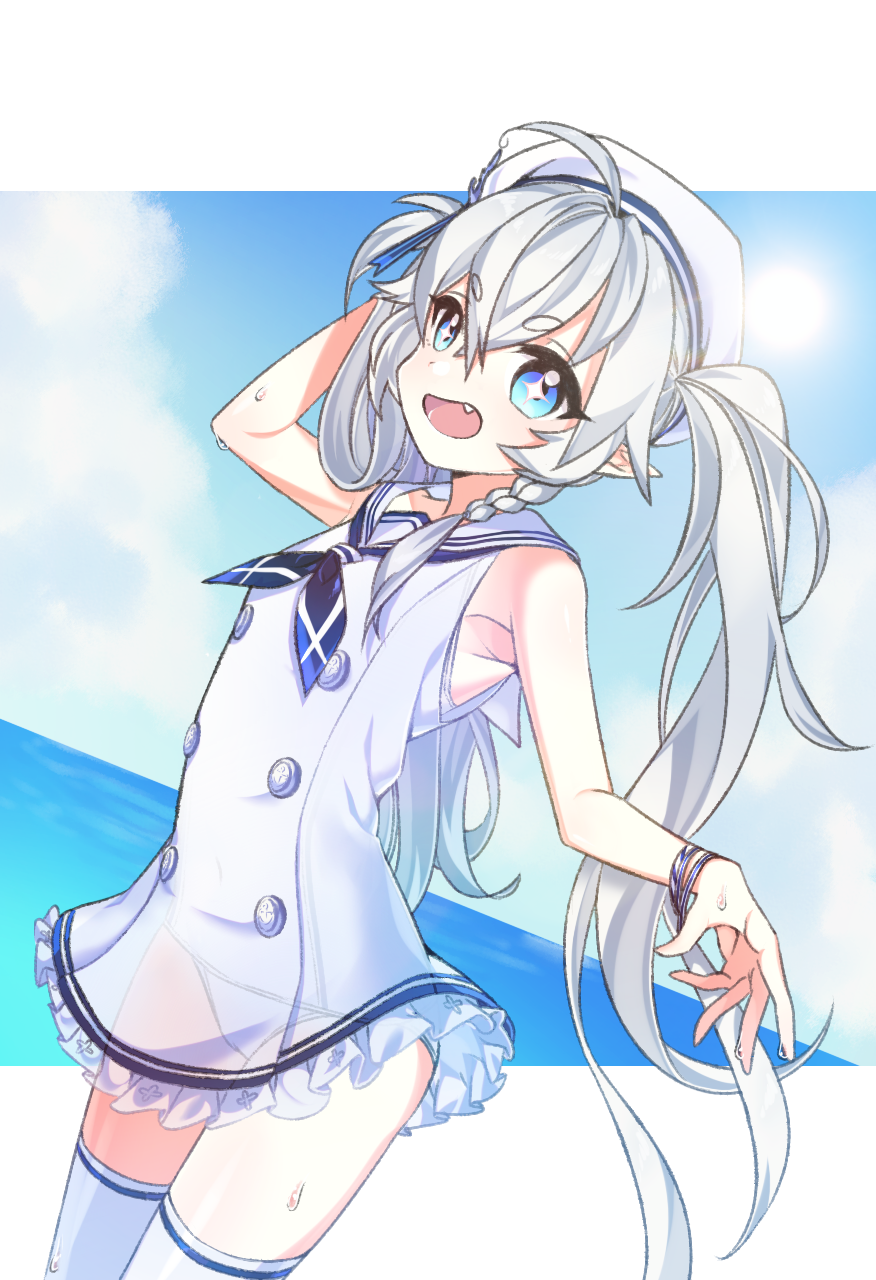 1girl ahoge alternate_costume angellyuna blue_eyes blue_sky braid buttons dress elsword eyebrows_visible_through_hair fang hair_between_eyes hat highres luciela_r._sourcream ocean pointy_ears sailor_dress sailor_hat see-through silver_hair sky swimsuit symbol-shaped_pupils thigh-highs twintails wristband
