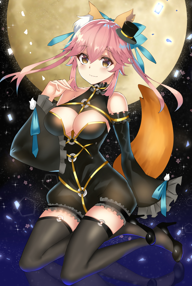 1girl animal_ears bangs bare_shoulders black_hat black_jumpsuit blue_bow blush bow breasts brown_eyes cleavage closed_mouth commentary detached_sleeves eyebrows_visible_through_hair fate/extra fate_(series) flower fox_ears fox_girl fox_tail full_moon hair_between_eyes hair_bow hand_up hat large_breasts long_hair long_sleeves looking_at_viewer mini_hat mini_top_hat moon night night_sky o-ring pink_flower pink_hair rinaka_moruchi short_jumpsuit sidelocks sky sleeves_past_fingers sleeves_past_wrists solo sparkle star_(sky) starry_sky tail tamamo_(fate)_(all) tamamo_no_mae_(fate) top_hat twintails wide_sleeves