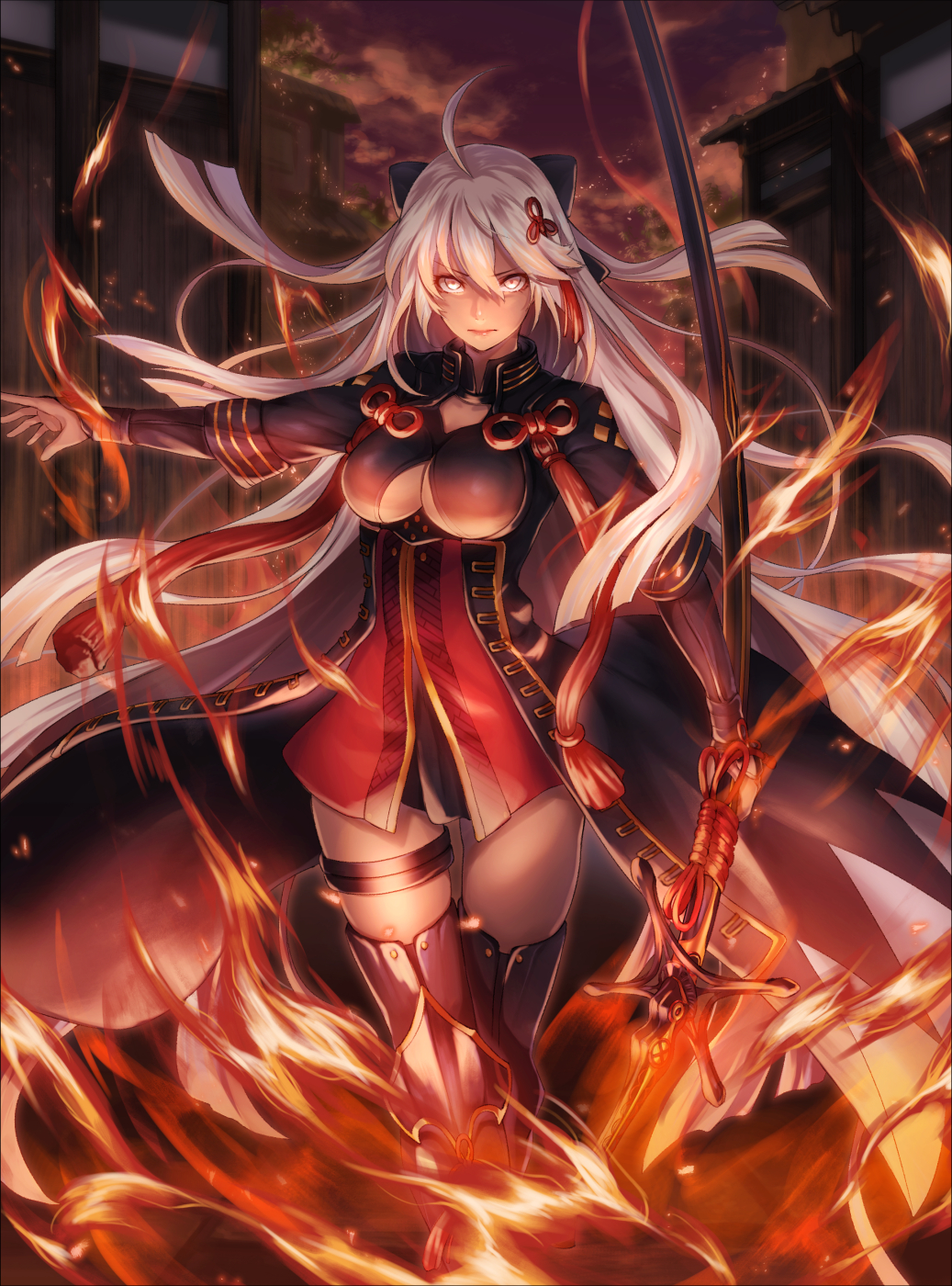 1girl ahoge breasts center_opening cleavage_cutout dark_skin fate/grand_order fate_(series) fire hair_ornament highres large_breasts long_hair okita_souji_(alter)_(fate) okita_souji_(fate)_(all) ootachi re_(re_09) sheath thigh-highs very_long_hair white_hair