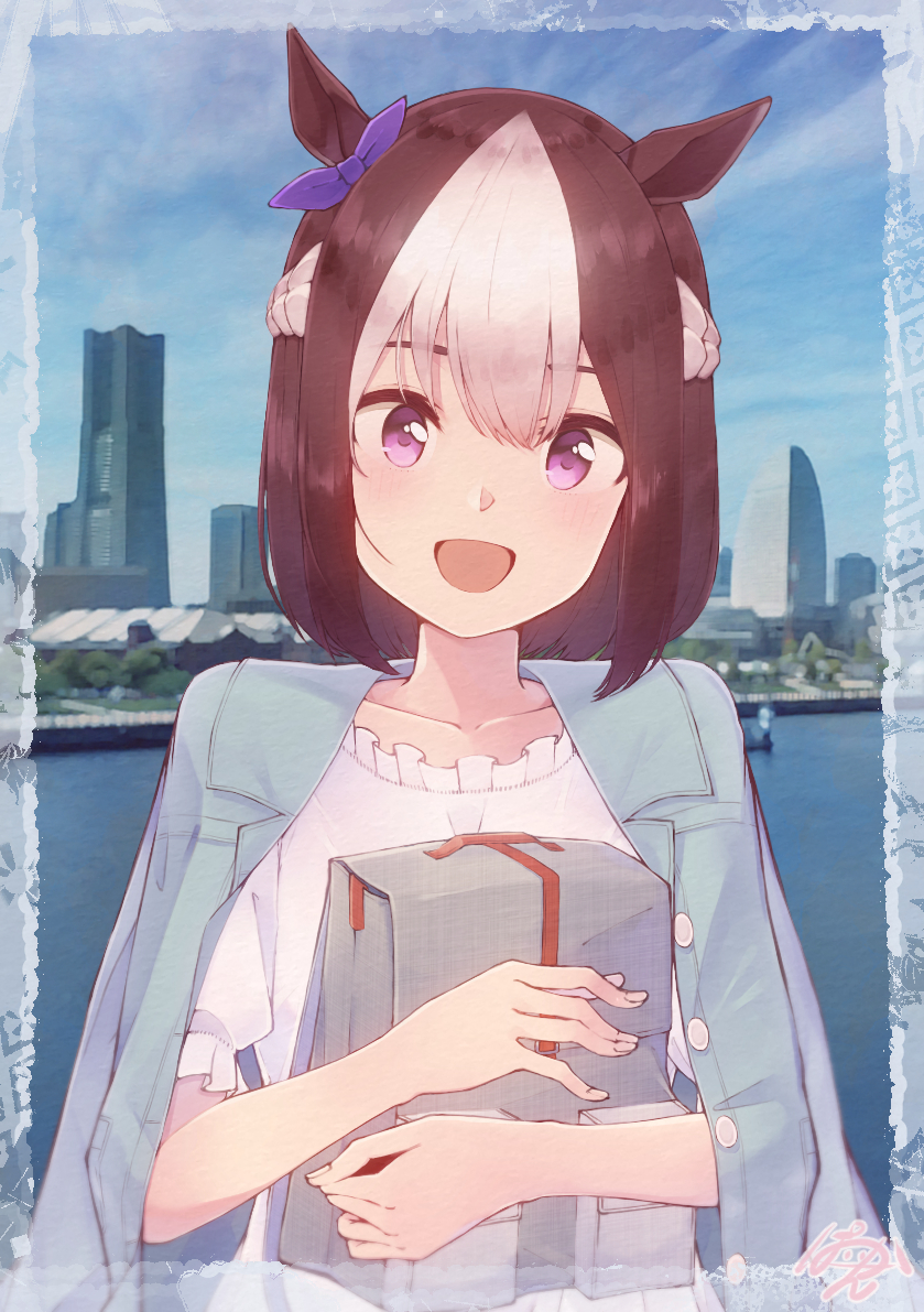 1girl :d animal_ears blush border bow braid brown_hair building clouds collarbone day frilled_shirt frills hair_bow head_tilt horse_ears jacket_on_shoulders looking_at_viewer multicolored_hair open_mouth outdoors paayan_(hagakinorock54) purple_bow shirt short_hair short_sleeves sky smile solo special_week umamusume violet_eyes water white_hair white_shirt