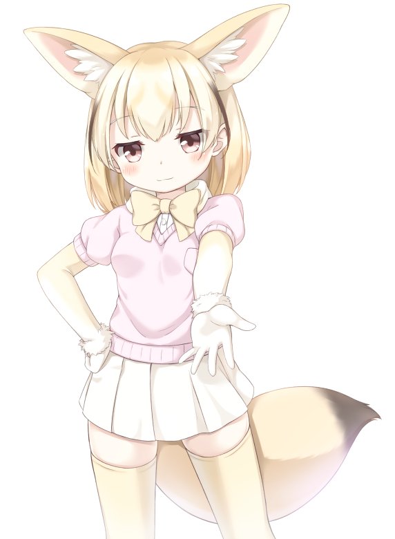 1girl animal_ears blonde_hair blush bow bowtie breast_pocket brown_eyes buttons cowboy_shot extra_ears eyebrows_visible_through_hair fennec_(kemono_friends) fox_ears fox_tail fur_trim gloves hand_on_hip kemono_friends looking_at_viewer matsuu_(akiomoi) miniskirt pink_sweater pleated_skirt pocket reaching_out short_sleeves simple_background skirt solo sweater tail thigh-highs white_background white_gloves white_skirt yellow_legwear yellow_neckwear zettai_ryouiki