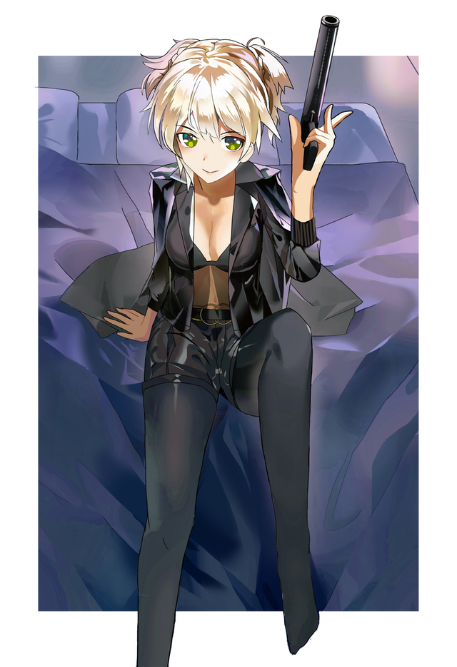 1girl artist_request bed blanket blonde_hair bra breasts girls_frontline green_eyes jacket_on_shoulders navel open_clothes open_shirt pantyhose pillow shadow shorts smile solo underwear welrod_mk2 welrod_mk2_(girls_frontline)