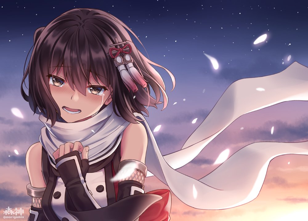 1girl bangs black_gloves blush brown_eyes brown_hair clouds crying crying_with_eyes_open elbow_gloves evening eyebrows_visible_through_hair feathers fingerless_gloves floating_hair gloves hair_ornament hand_up kantai_collection looking_at_viewer morigami_(morigami_no_yashiro) open_mouth remodel_(kantai_collection) scarf school_uniform sendai_(kantai_collection) serafuku short_hair sidelocks signature sky smile solo star_(sky) starry_sky tears two_side_up white_scarf wind wind_lift