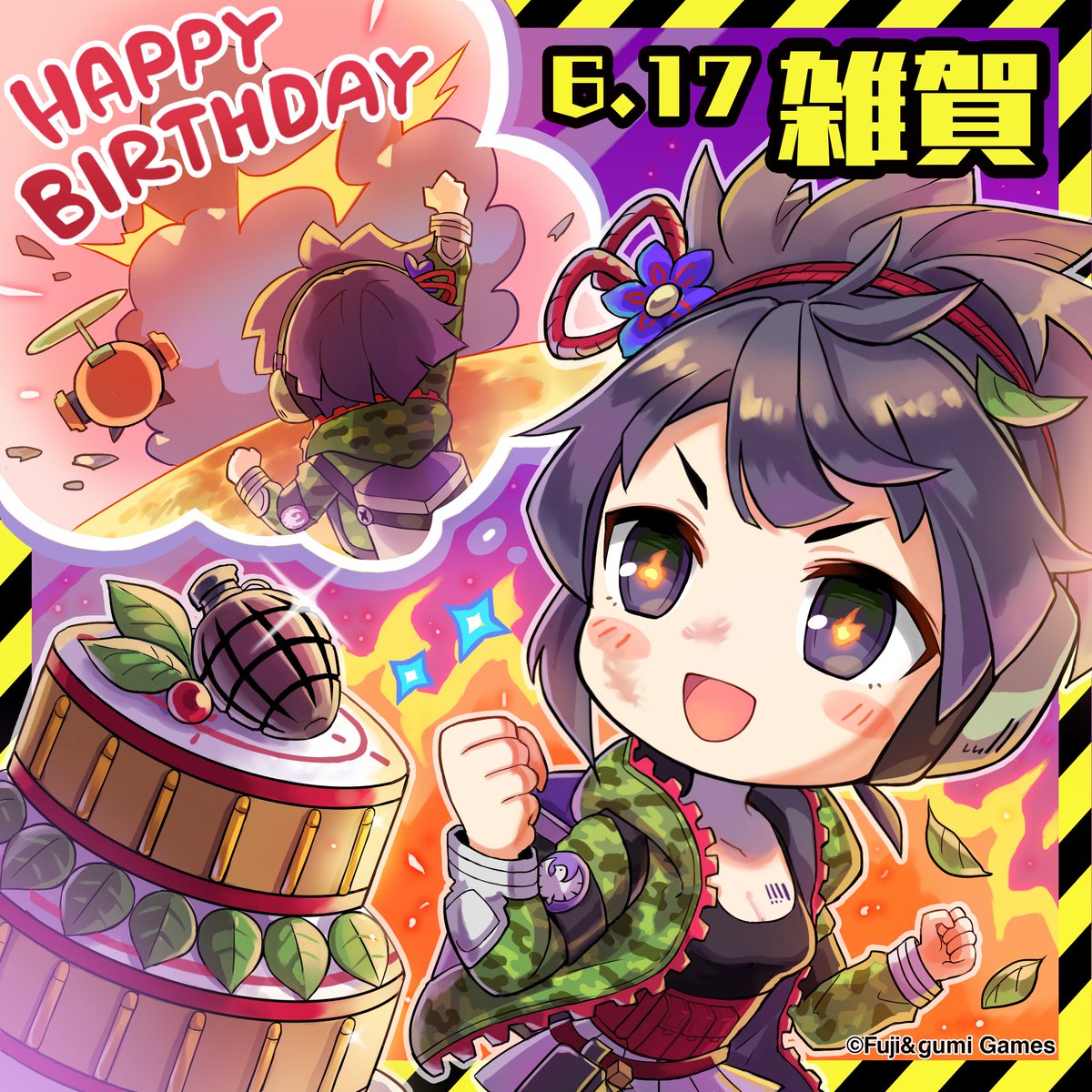 1girl armband artist_request barcode_tattoo belt black_tank_top blush_stickers cake camouflage camouflage_jacket chibi company_name dirty_face explosion explosive food green_jacket grenade happy_birthday highres imagining jacket leaf official_art phantom_of_the_kill purple_hair saiga_(phantom_of_the_kill) short_hair sparkle symbol-shaped_pupils tattoo thought_bubble violet_eyes