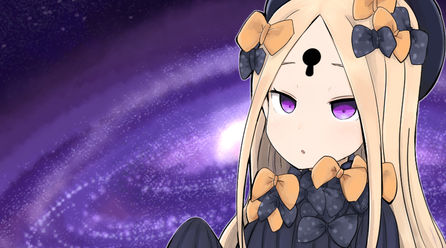 1girl :o abigail_williams_(fate/grand_order) bangs black_bow black_dress black_hat blonde_hair blush bow dress fate/grand_order fate_(series) forehead galaxy hair_bow hand_up hat keyhole long_hair long_sleeves looking_at_viewer orange_bow parted_bangs parted_lips polka_dot polka_dot_bow ro_(aahnn) sleeves_past_fingers sleeves_past_wrists solo very_long_hair violet_eyes