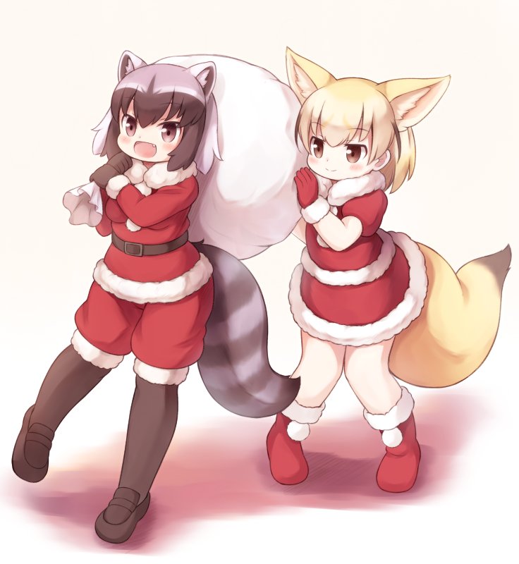 2girls alternate_costume animal_ears belt black_footwear black_gloves black_hair black_legwear blonde_hair blush brown_eyes common_raccoon_(kemono_friends) extra_ears eyebrows_visible_through_hair fang fennec_(kemono_friends) fox_ears fox_tail fur-trimmed_boots fur-trimmed_gloves fur_collar fur_trim gloves grey_hair holding holding_sack kemono_friends knees_together_feet_apart long_sleeves looking_at_another matsuu_(akiomoi) multicolored_hair multiple_girls raccoon_ears raccoon_tail red_footwear red_gloves red_skirt sack santa_costume short_sleeves skirt tail