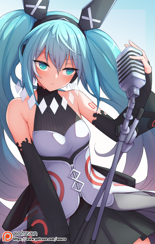 1girl aqua_eyes aqua_hair bare_shoulders black_gloves chinese_commentary commentary_request detached_sleeves eyes_visible_through_hair fingerless_gloves gloves hair_between_eyes hatsune_miku headphones long_hair microphone_stand patreon_username solo tattoo twintails very_long_hair vocaloid waero wide_sleeves