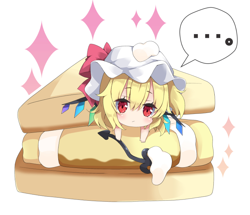 ... 1girl bangs blonde_hair blush bow closed_mouth commentary_request crystal eyebrows_visible_through_hair flandre_scarlet food hair_between_eyes hat hat_bow in_food laevatein looking_at_viewer lying milkpanda mob_cap on_stomach red_bow red_eyes simple_background solo sparkle spoken_ellipsis touhou white_background white_hat wings