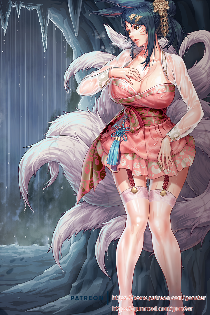 1girl ahri alternate_costume animal_ears black_hair breasts cave cleavage dress dynasty_ahri fox_ears frilled_skirt frills full_body gonster hair_bun hair_ornament half-closed_eyes hanbok hand_on_own_chest korean_clothes large_breasts league_of_legends long_sleeves looking_to_the_side parted_lips rain skirt solo thigh-highs tied_hair wet wet_clothes whisker_markings yellow_eyes zettai_ryouiki