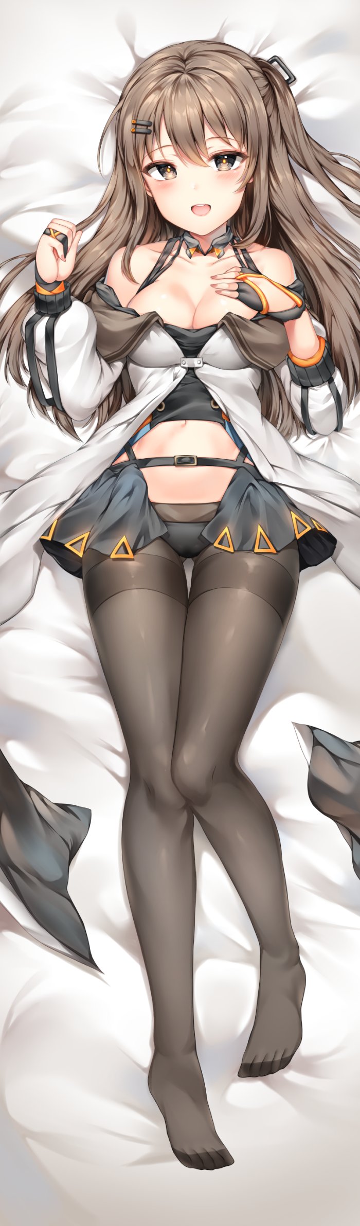 1girl bangs bare_shoulders bed_sheet black_panties black_skirt blush breasts brown_eyes brown_hair brown_legwear cleavage clenched_hand collarbone dakimakura eyebrows_visible_through_hair fingerless_gloves full_body girls_frontline gloves hair_ornament hairclip hand_on_own_chest hand_up highres jacket k-2_(girls_frontline) long_hair looking_at_viewer lying medium_breasts miniskirt navel no_shoes off_shoulder on_back open_clothes open_jacket open_mouth open_skirt painteen panties pantyhose partly_fingerless_gloves sidelocks simple_background skirt smile solo stomach strap tareme thighband_pantyhose underwear upper_teeth