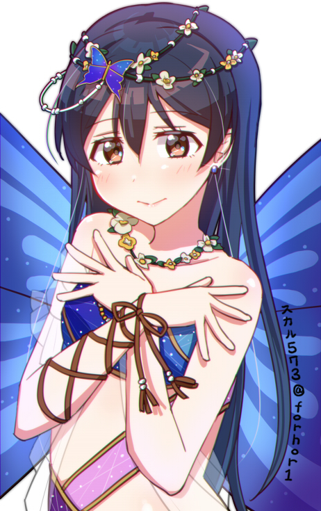 1girl bangs blue_hair blush commentary_request crossed_arms dress earrings hair_between_eyes hair_ornament jewelry long_hair love_live! love_live!_school_idol_festival love_live!_school_idol_project simple_background skull573 solo sonoda_umi strapless strapless_dress upper_body white_background yellow_eyes