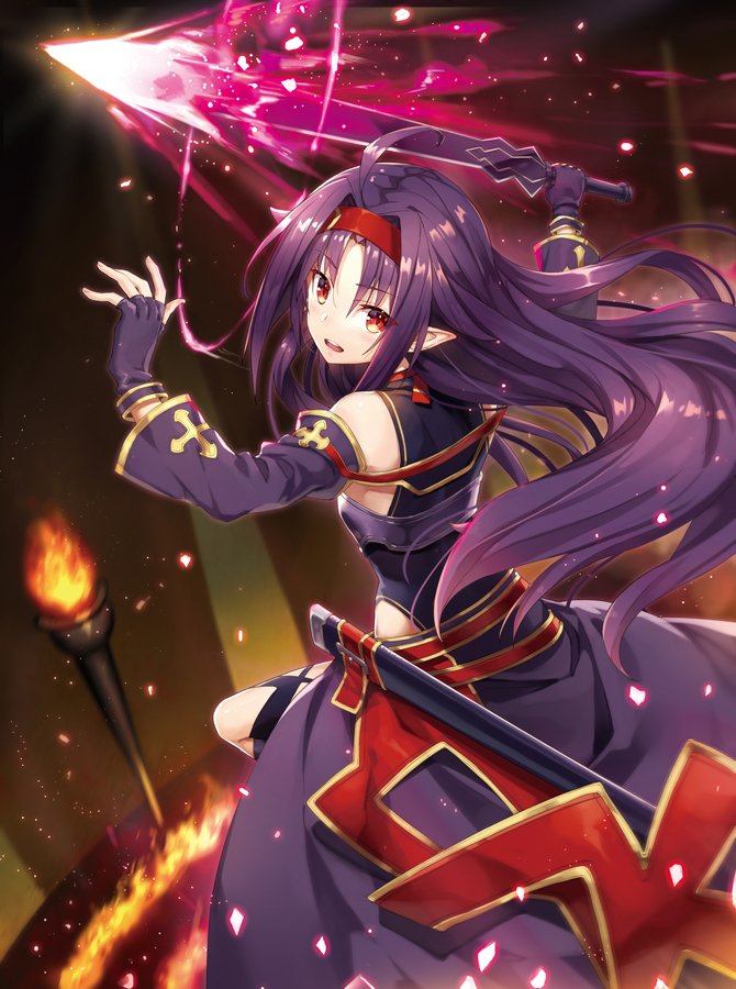 1girl ahoge black_leotard breastplate detached_sleeves feet_out_of_frame fingerless_gloves fire from_behind gabiran gloves hairband holding holding_sword holding_weapon leotard long_hair pointy_ears purple_gloves purple_hair red_eyes red_hairband scabbard sheath solo sword sword_art_online torch weapon yuuki_(sao)