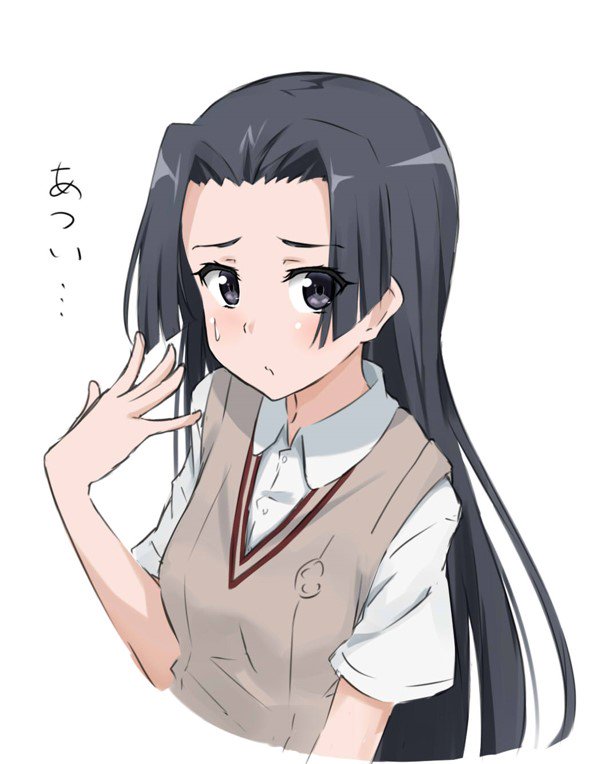 1girl black_eyes black_hair commentary_request forehead kohakope kongou_mitsuko long_hair looking_at_viewer shirt short_sleeves simple_background solo sweater_vest to_aru_kagaku_no_railgun to_aru_majutsu_no_index tokiwadai_school_uniform white_background white_shirt