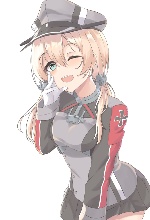 1girl anchor anchor_hair_ornament aqua_eyes black_ribbon black_skirt blonde_hair eyebrows_visible_through_hair gloves hair_ornament hat iron_cross kantai_collection looking_at_viewer low_twintails microskirt military military_hat military_uniform one_eye_closed open_mouth peaked_cap prinz_eugen_(kantai_collection) ribbon simple_background skirt solo tiasis twintails uniform white_background white_gloves