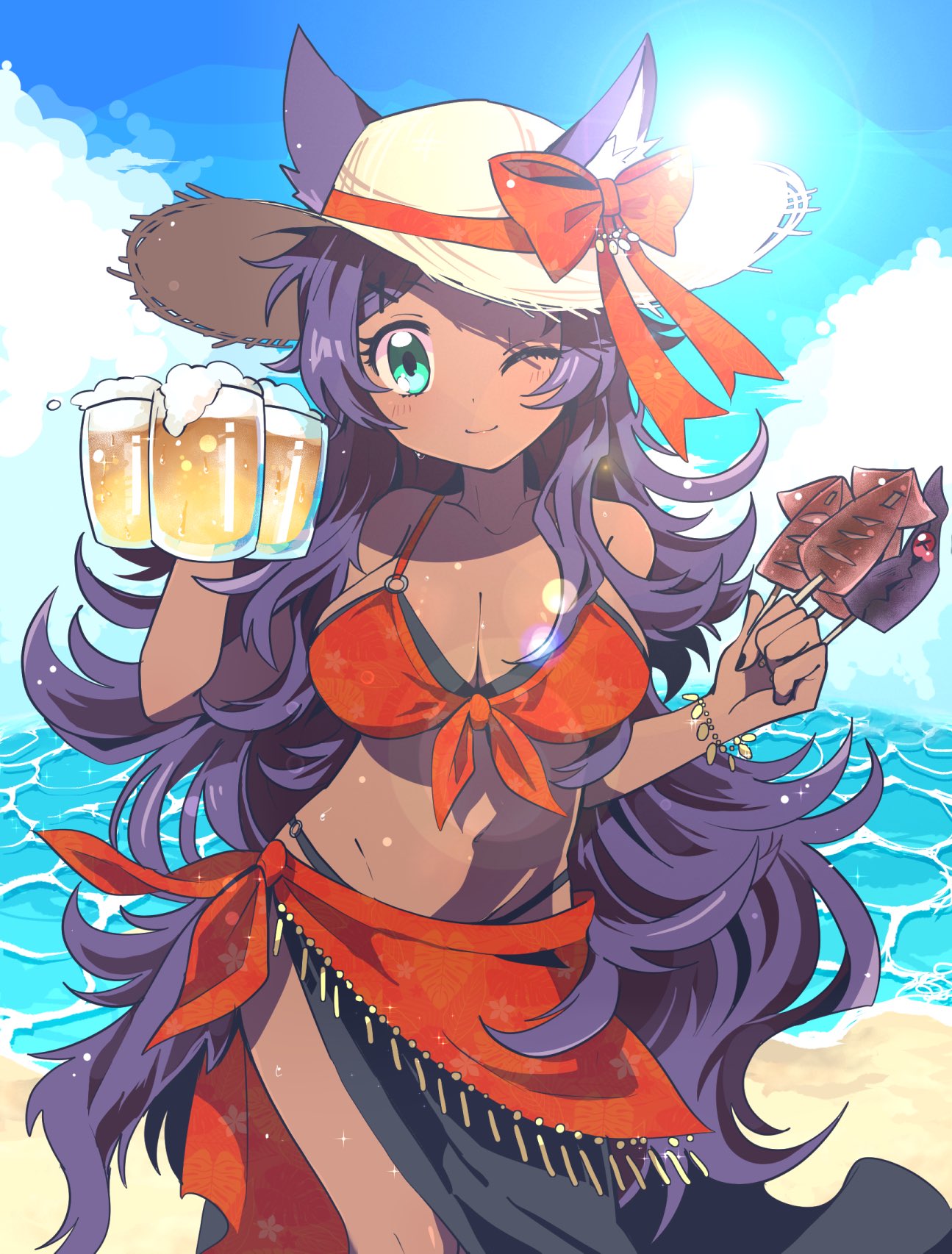 1girl aqua_eyes beach beer_mug bikini clouds dark_skin fate/grand_order fate_(series) hat highres ikayaki long_hair ocean one_eye_closed purple_hair queen_of_sheba_(fate/grand_order) sa_nu sarong sun_hat swimsuit very_long_hair