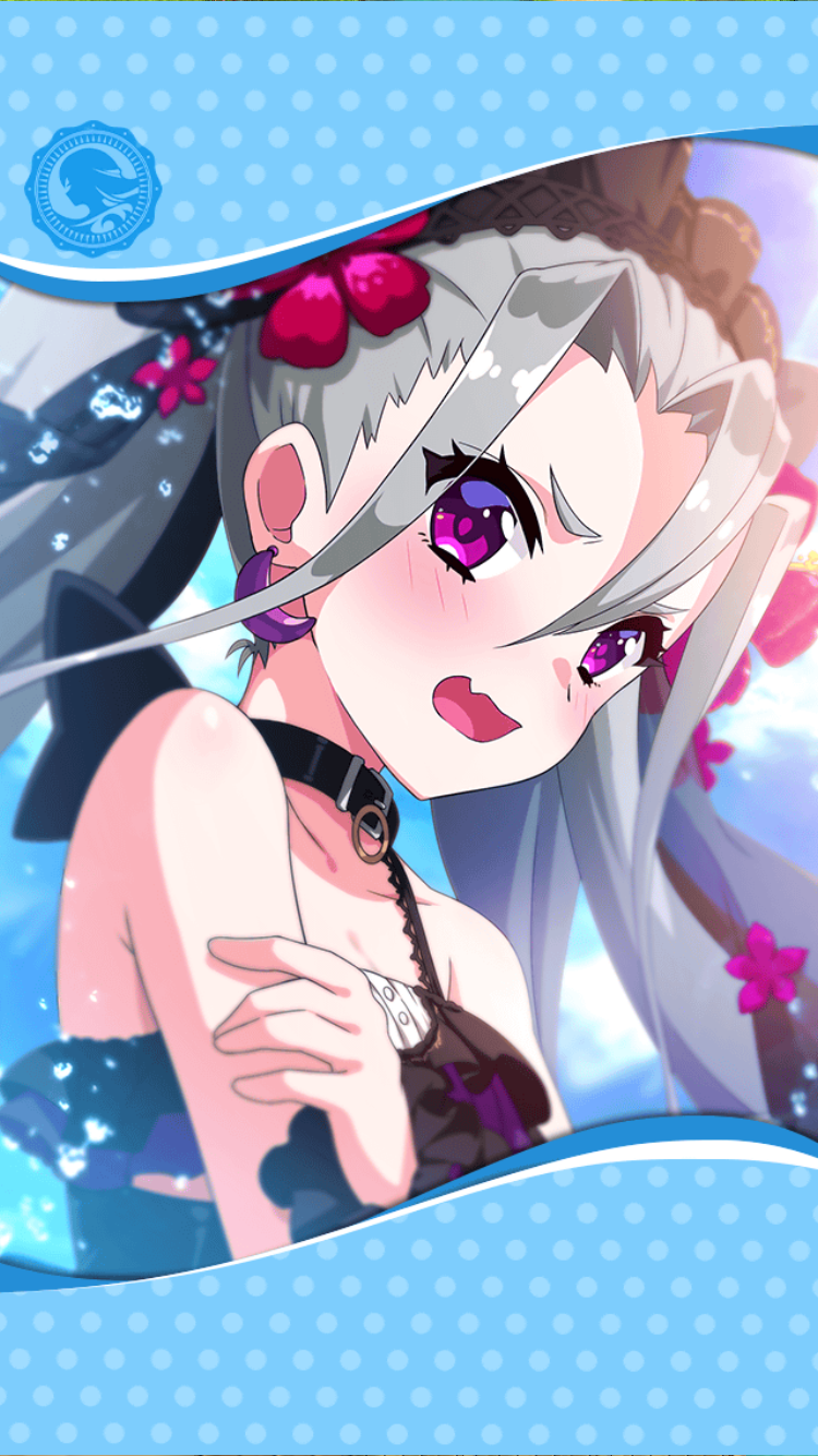 1girl artist_request black_bow black_swimsuit blush bow collar crescent crescent_earrings earrings framed_image frilled_hairband frills grimoire_(phantom_of_the_kill) hair_between_eyes hairband hand_on_own_arm highres jewelry long_hair official_art open_mouth phantom_of_the_kill silver_hair swimsuit twintails violet_eyes water