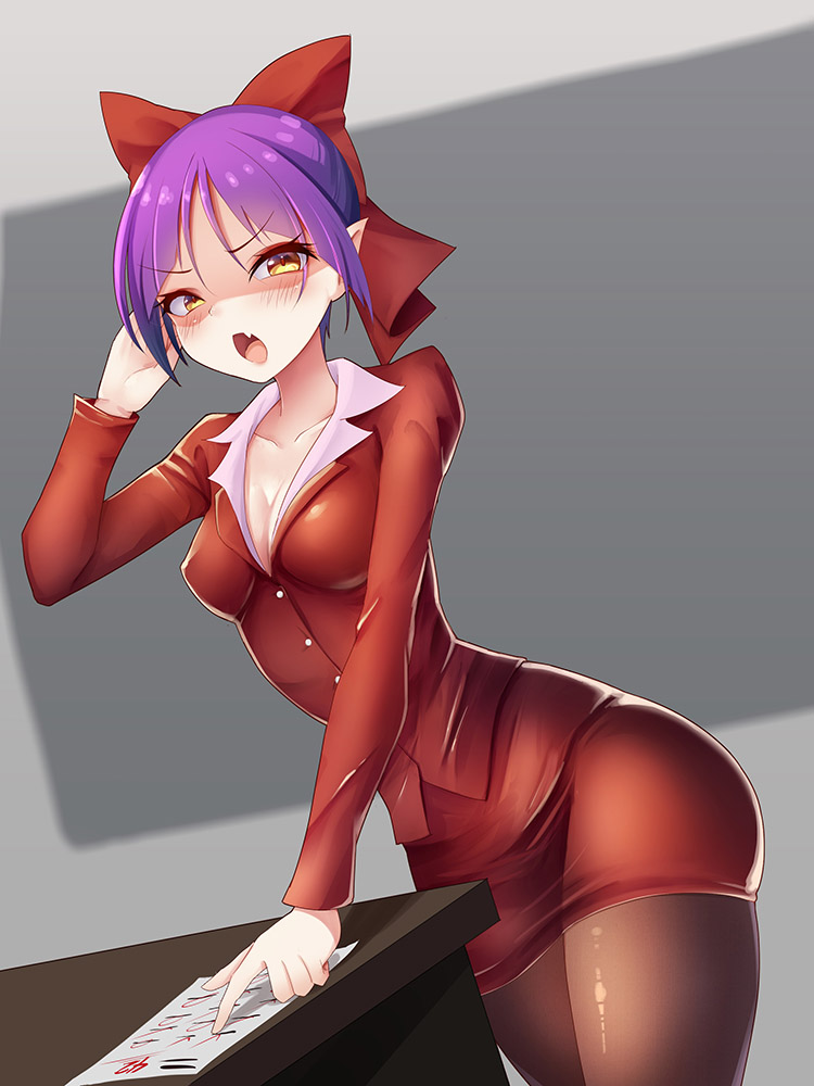 1girl alternate_costume black_legwear blush bow breasts cat_girl cleavage desk dress_shirt dutch_angle eyebrows_visible_through_hair fang formal gegege_no_kitarou hair_bow hand_in_hair jacket long_sleeves medium_breasts miniskirt nekomusume nekomusume_(gegege_no_kitarou_6) pantyhose pencil_skirt pointing pointy_ears purple_hair red_bow red_jacket red_skirt shirt short_hair skirt skirt_suit solo suit teacher thighs v-shaped_eyebrows white_shirt yellow_eyes z.o.b