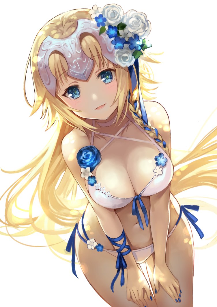 1girl bangs bare_shoulders bikini blonde_hair blue_eyes blue_ribbon blush breasts choker cleavage collarbone fate/apocrypha fate_(series) flower hair_flower hair_ornament headpiece hips jeanne_d'arc_(fate) jeanne_d'arc_(fate)_(all) large_breasts leaning_forward long_hair looking_at_viewer navel open_mouth ribbon simple_background smile solo swimsuit terai_(teraimorimori) thighs very_long_hair waist white_background white_bikini