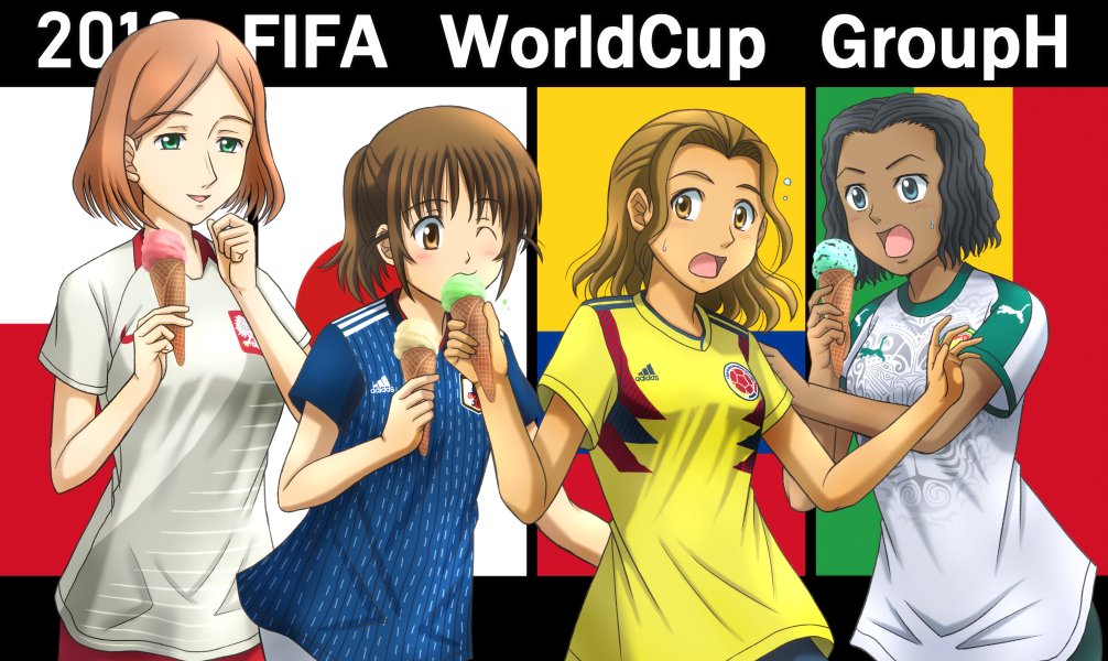 2018_fifa_world_cup 4girls adidas black_hair blue_eyes brown_eyes brown_hair colombia colombian_flag dark_skin eating everyone food fujii_satoshi green_eyes ice_cream japan japanese_flag medium_hair multiple_girls nike original poland polish_flag ponytail puma senegal senegalese_flag short_hair soccer soccer_uniform sportswear world_cup