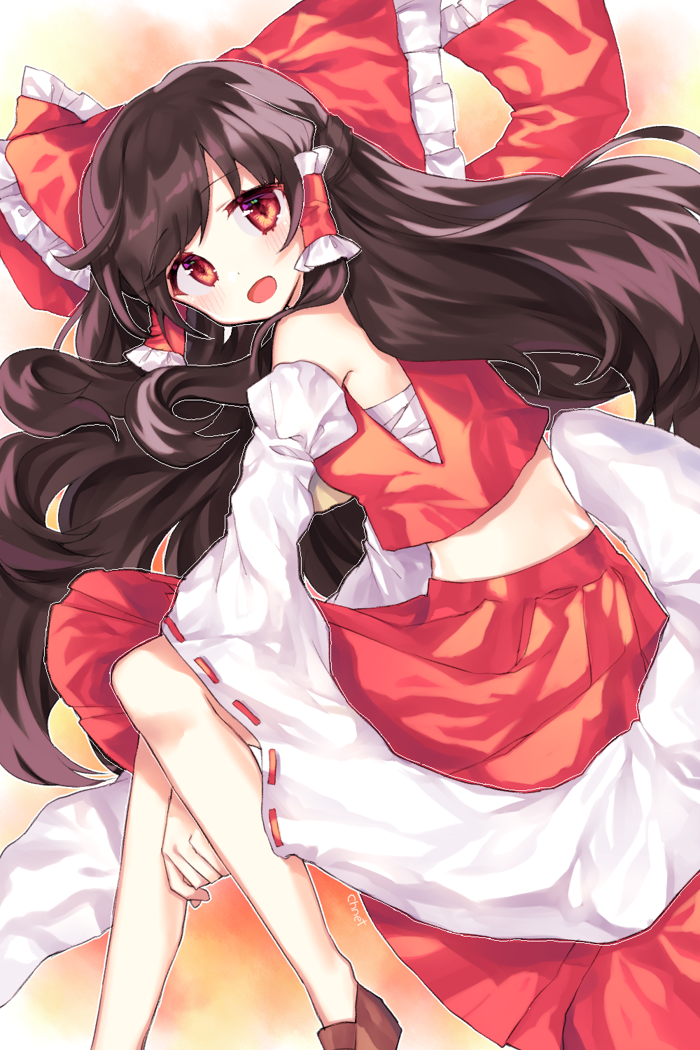 1girl :d bare_shoulders black_hair blush bow cheunes detached_sleeves hair_bow hair_tubes hakurei_reimu highres large_bow loafers long_hair midriff open_mouth red_eyes ribbon-trimmed_sleeves ribbon_trim sarashi shoes signature skirt skirt_set smile solo touhou turning_head very_long_hair wide_sleeves