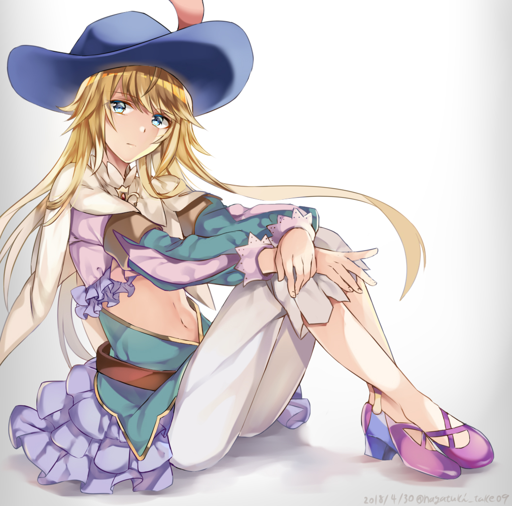 1other androgynous blonde_hair blue_eyes cape chevalier_d'eon_(fate/grand_order) commentary_request expressionless fate/grand_order fate_(series) jewelry long_hair long_sleeves looking_at_viewer nagatsuki_take navel solo white_cape