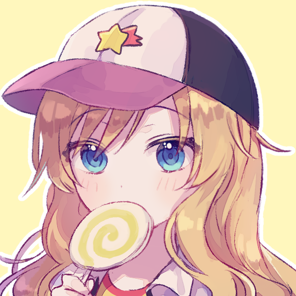 1girl bangs baseball_cap blonde_hair blue_eyes candy closed_eyes copyright_request covered_mouth eyebrows_visible_through_hair food hair_between_eyes hat holding holding_food holding_lollipop jacket lollipop long_hair looking_at_viewer open_clothes open_jacket outline portrait poyo_(shwjdddms249) solo star swirl_lollipop white_jacket white_outline yellow_background