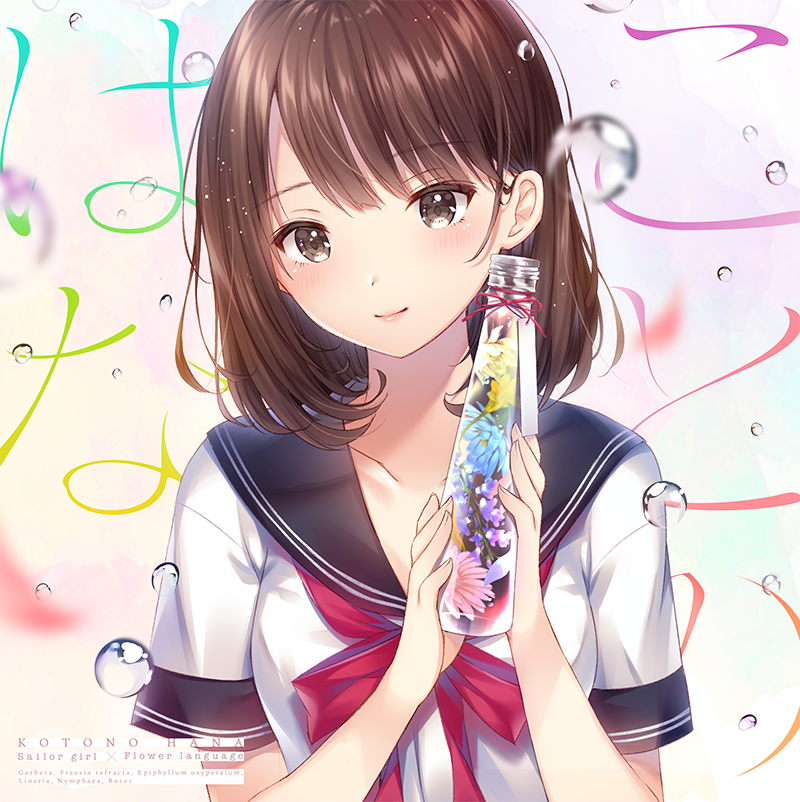 1girl bangs black_sailor_collar blue_flower blurry blurry_foreground blush bow breasts brown_eyes brown_hair closed_mouth collarbone commentary_request depth_of_field english eyebrows_visible_through_hair fingernails flower hands_up head_tilt holding looking_at_viewer noda_shuha original pink_flower red_bow sailor_collar school_uniform serafuku shirt short_sleeves small_breasts smile solo transparent vase water water_drop white_shirt yellow_flower