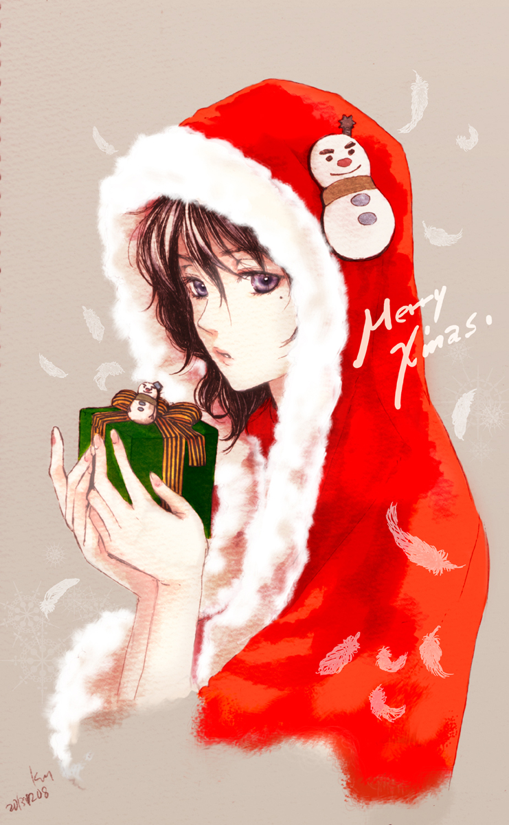 1girl black_hair blue_eyes box chihayafuru dated feathers fur_trim gift gift_box grey_background hair_between_eyes highres kamocchi lips looking_at_viewer merry_christmas mole mole_under_eye santa_costume short_hair signature simple_background snowman_hair_ornament solo traditional_media upper_body wakamiya_shinobu