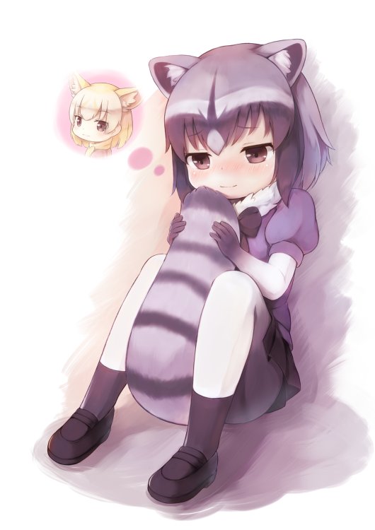 2girls animal_ears black_footwear black_gloves black_hair black_legwear black_neckwear black_skirt blonde_hair blush brown_eyes common_raccoon_(kemono_friends) extra_ears eyebrows_visible_through_hair fennec_(kemono_friends) fox_ears fur_collar gloves grey_hair kemono_friends matsuu_(akiomoi) miniskirt multicolored_hair multiple_girls pantyhose pleated_skirt raccoon_ears raccoon_tail short_sleeves sitting skirt tail tail_hug thought_bubble white_legwear yellow_neckwear