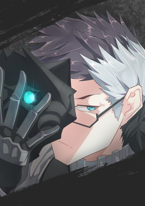 1boy arka91 black_hair blue_eyes fate/grand_order fate_(series) glasses gloves grey_hair looking_to_the_side mask mask_removed multicolored_hair sigurd_(fate/grand_order) two-tone_hair