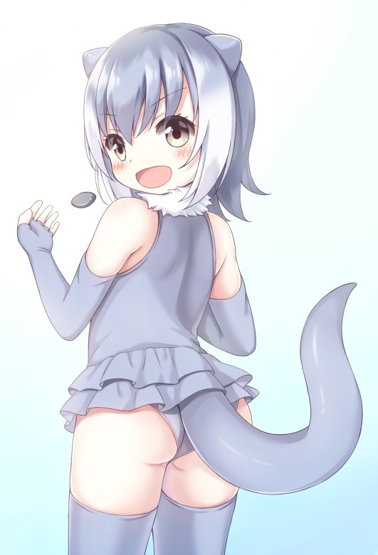 1girl :d animal_ears blue_background blush cowboy_shot elbow_gloves eyebrows_visible_through_hair fingerless_gloves from_behind fur_collar gloves gradient gradient_background gradient_hair grey_gloves grey_hair grey_legwear grey_shirt grey_swimsuit juggling kemono_friends looking_at_viewer looking_back matsuu_(akiomoi) miniskirt multicolored_hair open_mouth otter_ears otter_tail shirt skirt sleeveless sleeveless_shirt small-clawed_otter_(kemono_friends) smile solo stone swimsuit tail thigh-highs white_background white_hair