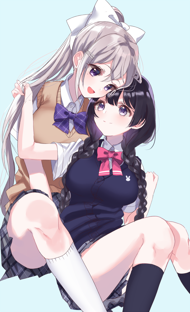 2girls alternate_hairstyle arm_up bangs black_hair black_legwear blue_background blue_cardigan bow bowtie braid breasts cardigan closed_mouth collared_shirt eye_contact eyebrows_visible_through_hair grey_skirt hair_between_eyes hair_bow hair_grab high_ponytail higuchi_kaede kneehighs long_hair looking_at_another low_twintails medium_breasts misumi_(macaroni) multiple_girls nijisanji pink_neckwear plaid plaid_skirt pleated_skirt ponytail purple_neckwear school_uniform shirt short_sleeves silver_hair simple_background sitting skirt sweater_vest tsukino_mito twin_braids twintails very_long_hair violet_eyes virtual_youtuber white_bow white_legwear white_shirt yuri