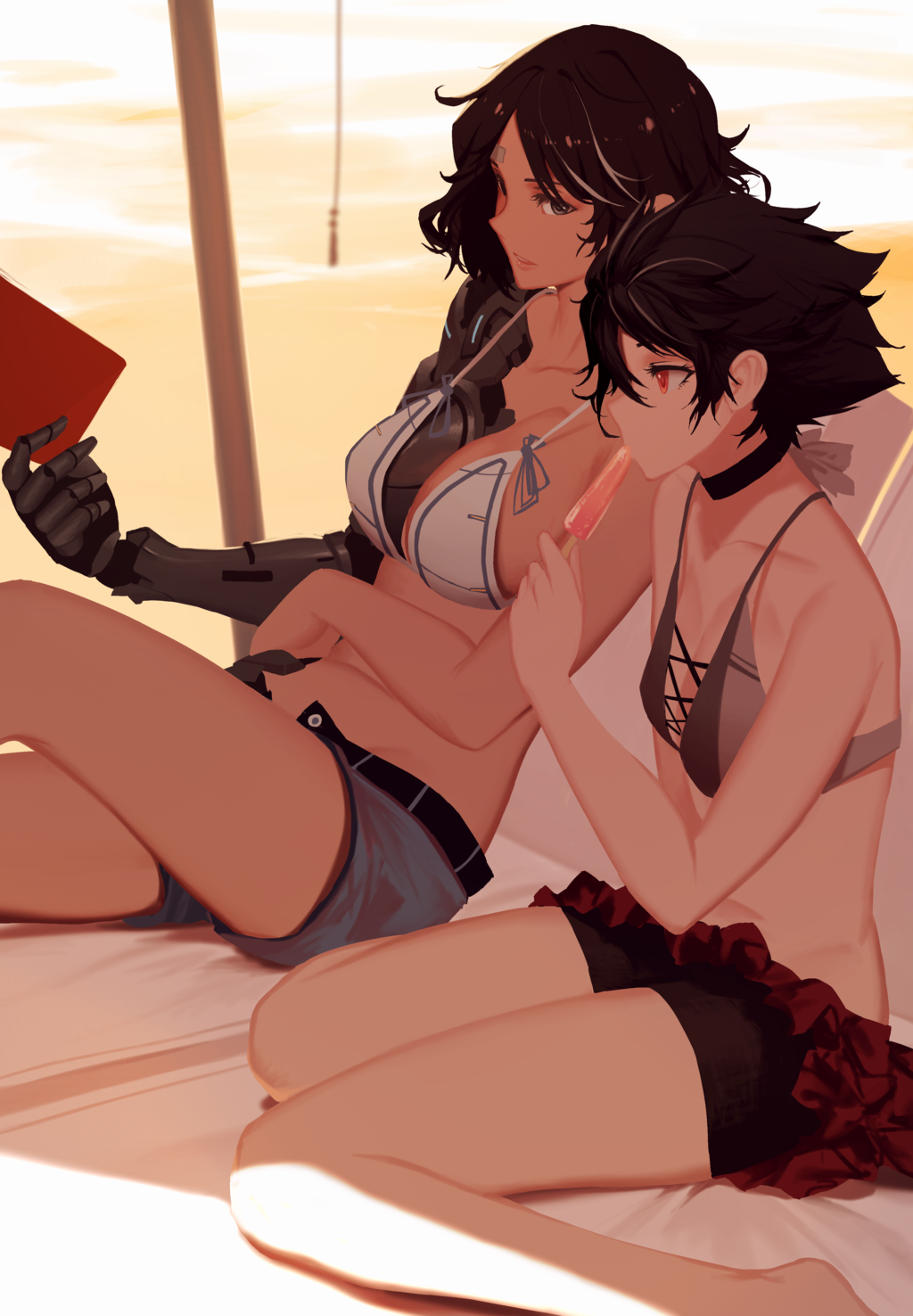 2girls beach black_hair book breasts dishwasher1910 food genderswap genderswap_(mtf) grey_eyes highlights highres james_ironwood large_breasts multicolored_hair multiple_girls open_clothes open_shorts popsicle prosthesis prosthetic_arm qrow_branwen red_eyes rwby shorts small_breasts swimsuit umbrella unzipped white_hair