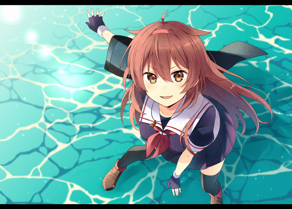 &gt;:d 1girl ahoge blush breasts commentary_request eyebrows_visible_through_hair fingerless_gloves gloves hair_between_eyes hair_flaps hairband kantai_collection letterboxed long_hair looking_at_viewer looking_up medium_breasts neckerchief ocean red_hairband red_neckwear remodel_(kantai_collection) school_uniform serafuku shiratsuyu_(kantai_collection) smile solo solo_focus standing standing_on_liquid thigh-highs v-shaped_eyebrows whistle yukichi_(eikichi)