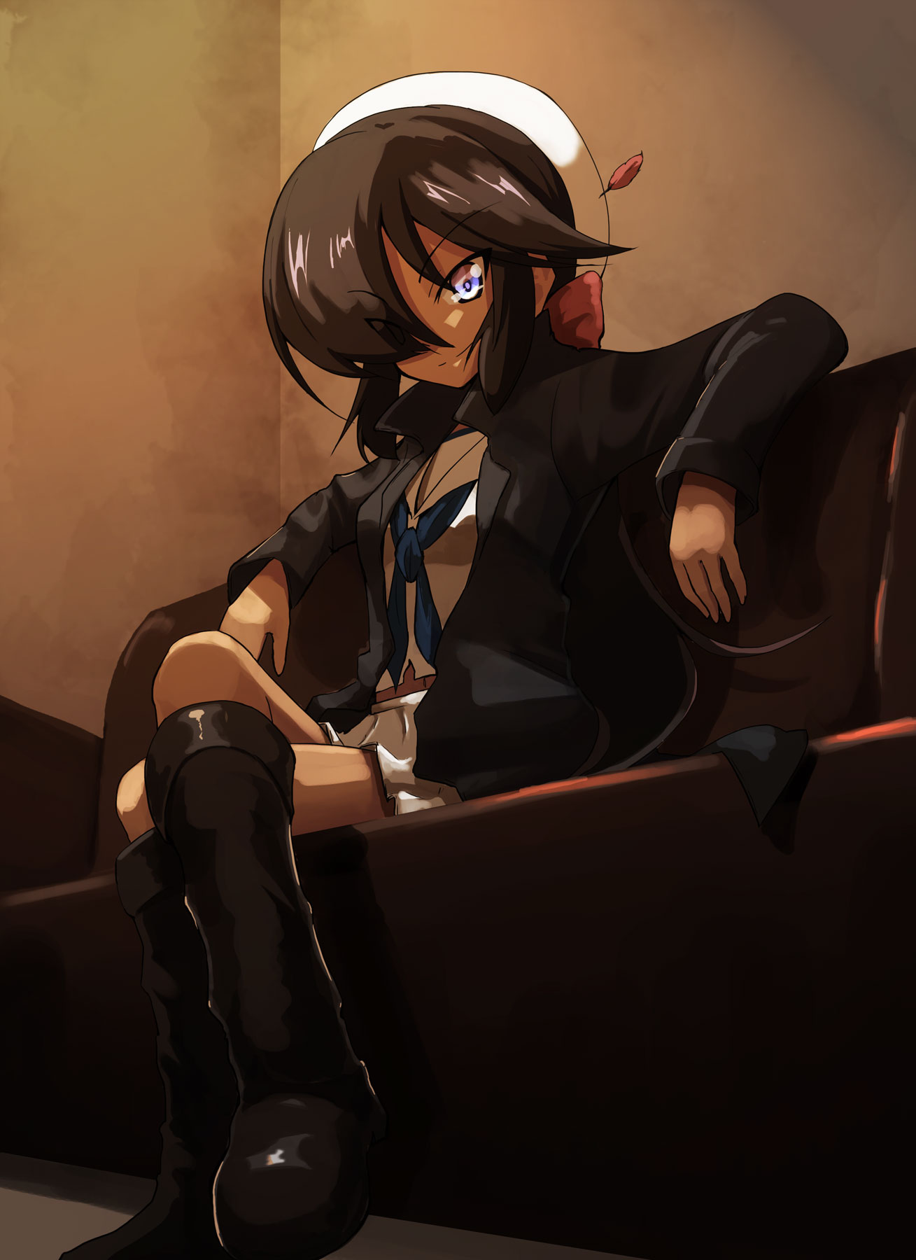 1girl bangs black_coat black_eyes black_footwear black_hair blouse boots bow coat commentary couch crossed_arms dark dark_skin dixie_cup_hat eyebrows_visible_through_hair eyes_visible_through_hair girls_und_panzer hair_bow hair_over_one_eye hat hat_feather highres jinguu_(4839ms) knee_boots long_hair long_sleeves military_hat miniskirt navy_blue_neckwear neckerchief ogin_(girls_und_panzer) ooarai_naval_school_uniform open_clothes open_coat pipe pleated_skirt ponytail red_bow sailor sailor_collar school_uniform sitting skirt smirk solo white_blouse white_hat white_skirt