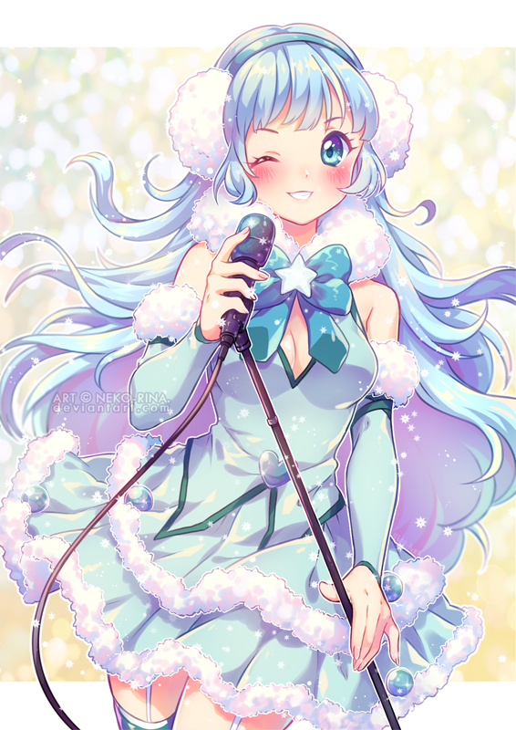 1girl ;) bangs bare_shoulders blue_eyes blue_hair blush bow breasts cleavage commission cowboy_shot dress earmuffs frilled_skirt frills fur_trim garter_straps gloves grin holding holding_microphone idol long_hair looking_at_viewer microphone neko-rina one_eye_closed original skirt smile solo thigh-highs wavy_hair winter_clothes