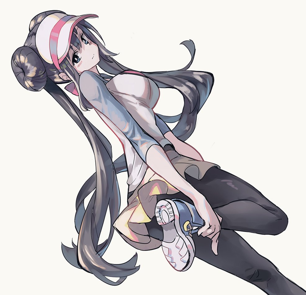 1girl black_legwear blue_eyes breasts brown_hair double_bun large_breasts leg_lift legwear_under_shorts long_hair looking_back mei_(pokemon) pantyhose pokemon pokemon_(game) pokemon_bw2 raglan_sleeves ryou_shimabara shoes shorts sneakers solo twintails very_long_hair visor_cap white_background yellow_shorts