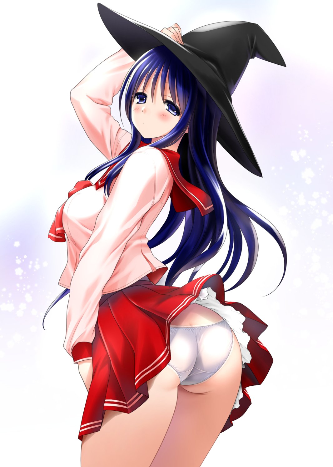 1girl ass black_hat blue_eyes blue_hair blush commentary_request cowboy_shot floating_hair from_side hand_on_headwear hat highres jpeg_artifacts kurusugawa_serika long_hair looking_at_viewer looking_back mitarashi_kousei panties pleated_skirt red_sailor_collar red_skirt sailor_collar school_uniform serafuku skirt skirt_lift solo to_heart underwear wind wind_lift witch_hat