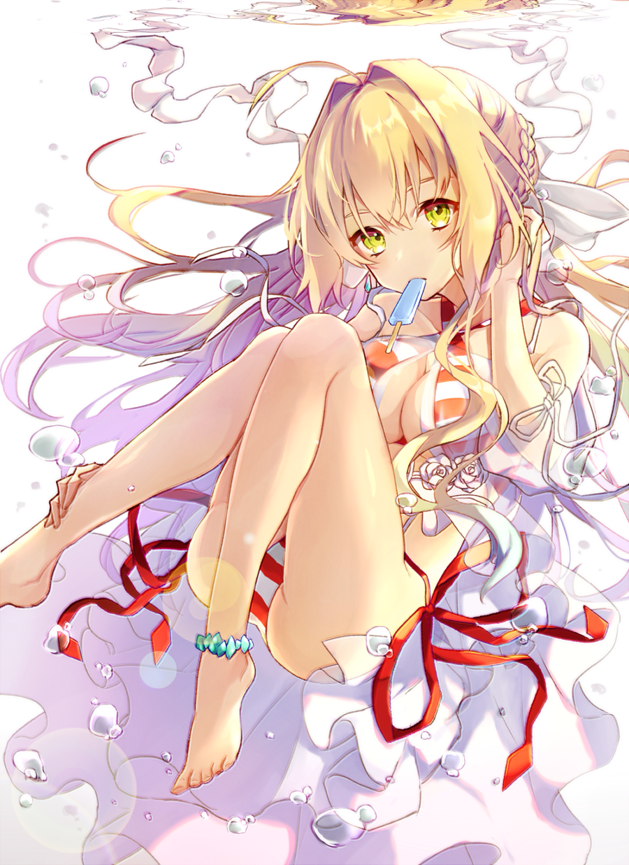 1girl ahoge ass bangs bare_legs bare_shoulders barefoot bikini blonde_hair blush braid breasts cleavage collarbone commentary_request criss-cross_halter fate/grand_order fate_(series) food food_in_mouth fujikiri_yana green_eyes hair_between_eyes hair_intakes halterneck head_tilt highres jacket long_hair long_sleeves looking_at_viewer medium_breasts mouth_hold nero_claudius_(fate)_(all) nero_claudius_(swimsuit_caster)_(fate) popsicle puffy_long_sleeves puffy_sleeves see-through solo striped striped_bikini swimsuit water_drop white_background