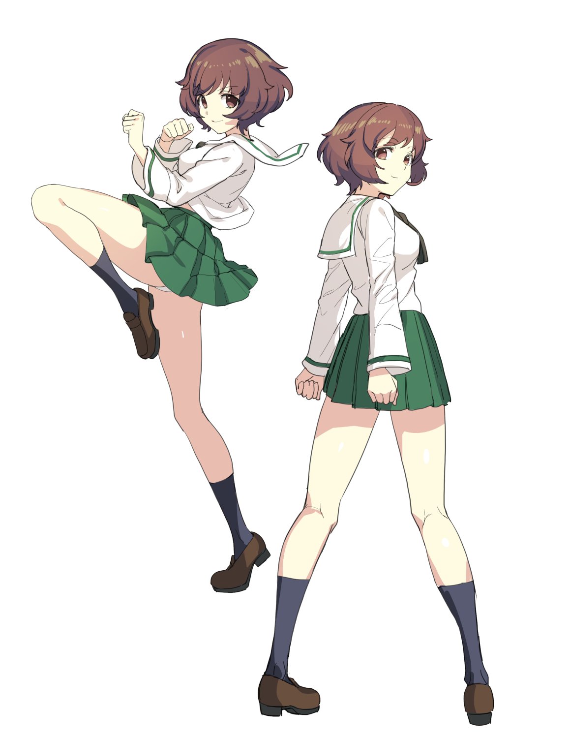 akiyama_yukari blouse brown_eyes brown_hair fighting_stance girls_und_panzer green_skirt highres ikomochi looking_at_viewer messy_hair ooarai_school_uniform pleated_skirt school_uniform serafuku skirt white_blouse