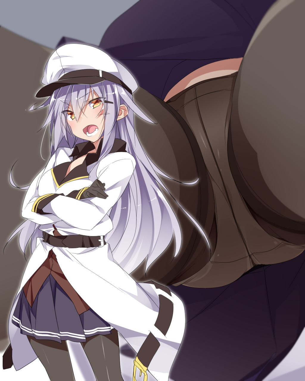 1girl black_gloves black_legwear black_skirt commentary_request crossed_arms facial_scar gangut_(kantai_collection) gloves grey_background grey_hair hair_between_eyes hat highres jacket kantai_collection long_hair long_sleeves miniskirt mtu_(orewamuzituda) multiple_views open_mouth orange_eyes pantyhose peaked_cap pleated_skirt red_shirt scar shirt simple_background skirt white_hat white_jacket