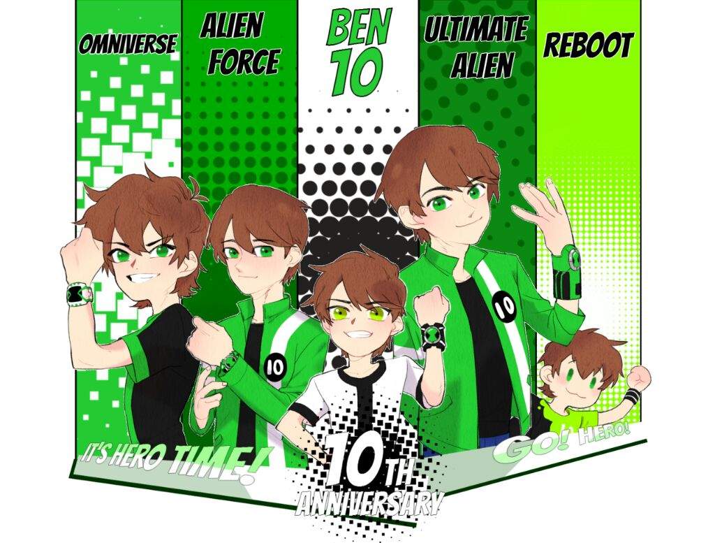 4boys anniversary ben_10 ben_10:_alien_force ben_10:_omniverse ben_10:_ultimate_alien ben_10_(reboot) benjamin_kirby_tennyson brown_hair green_eyes jacket looking_at_viewer multiple_boys older omnitrix shirt smile t-shirt ultimatrix watch younger